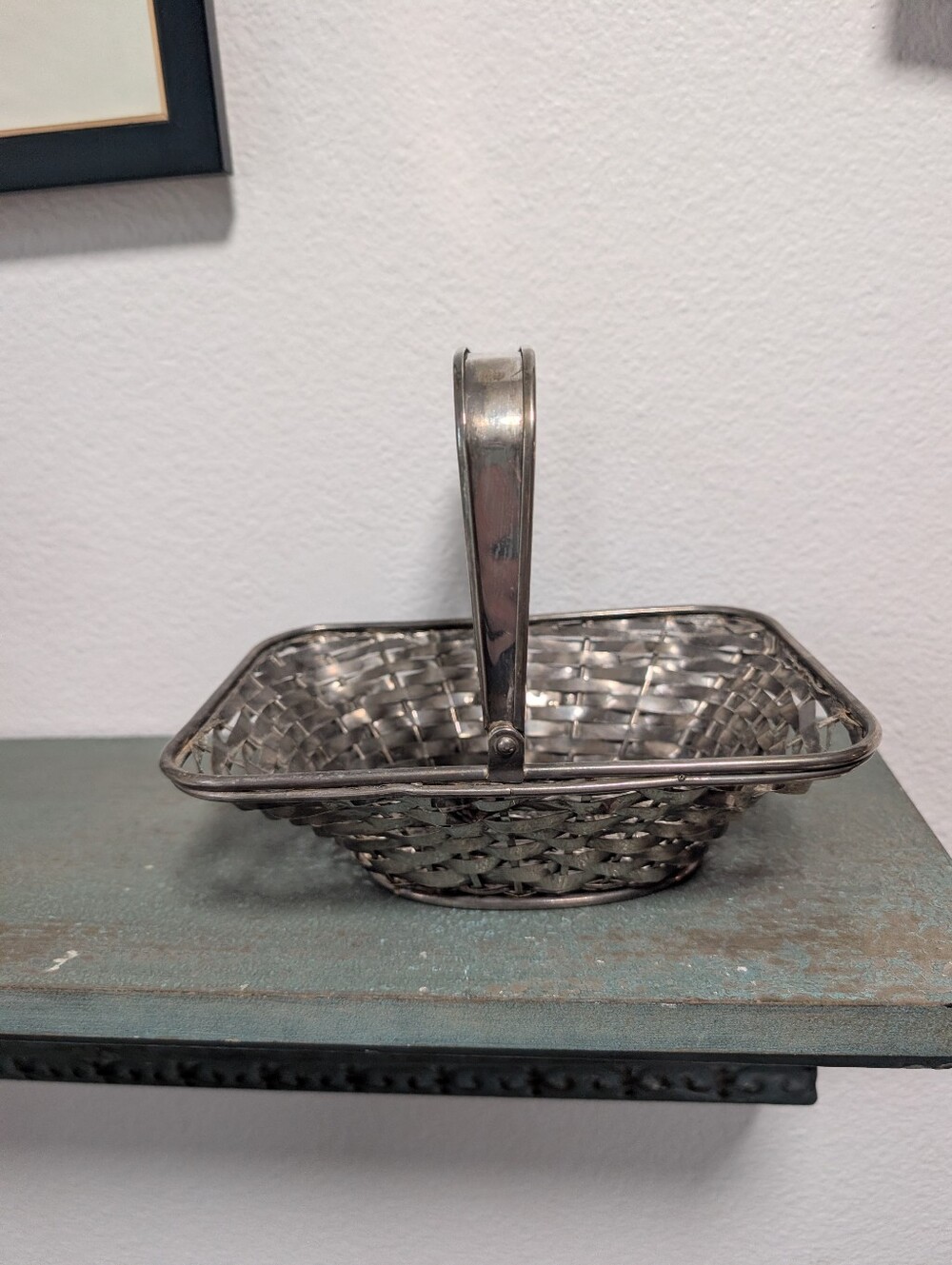 Woven Silver Plated Metal Basket w Handle Farmhouse  Storage Country Kitchen